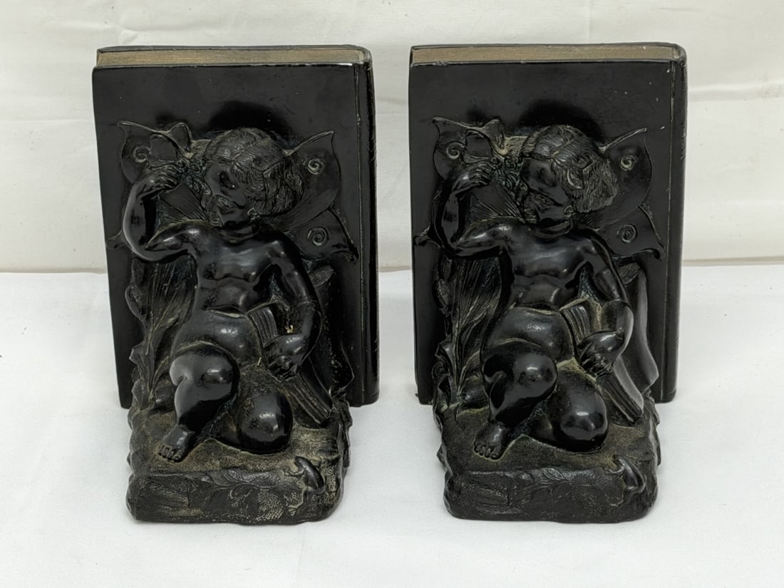 Pr Art Nouveau Cherub Bookends with Butterfly & Frog - 4.5" x 4.5" x 6" (1 of 4)