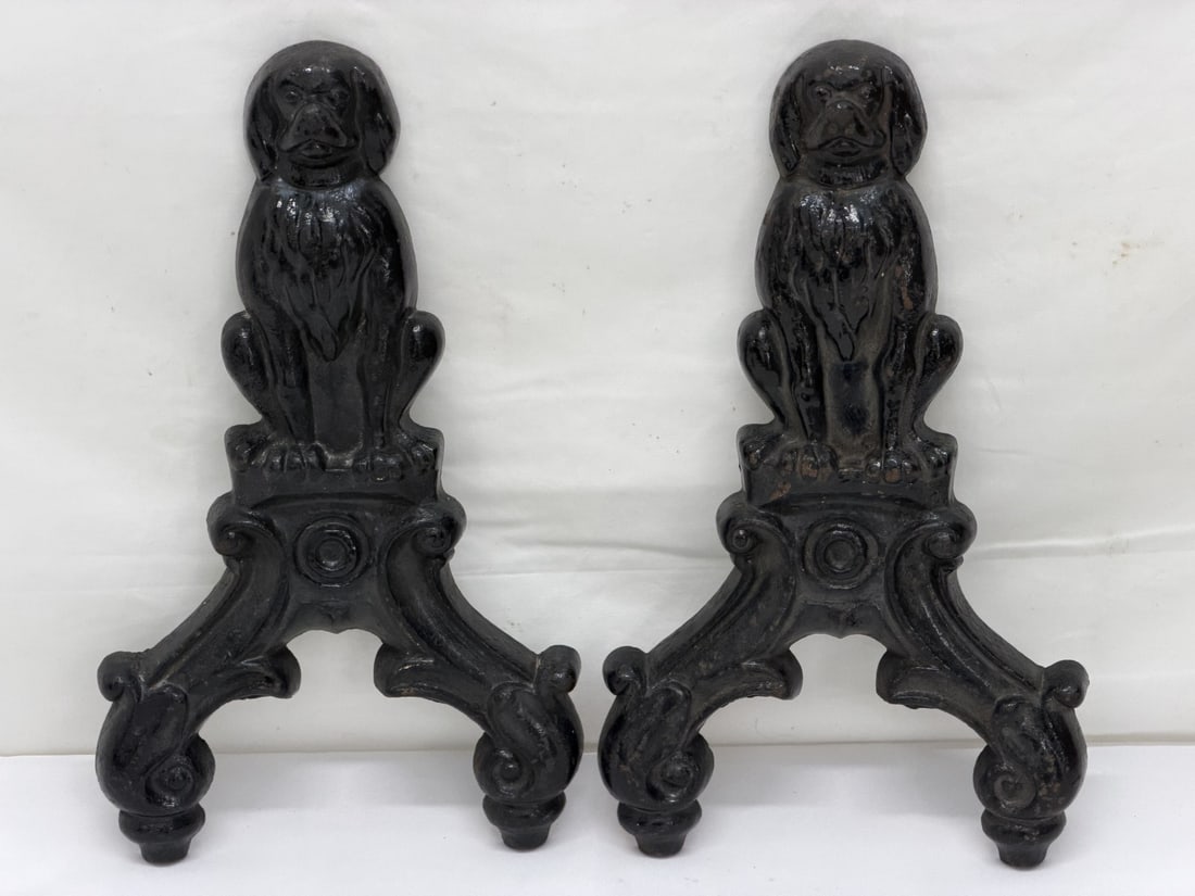 Cast Iron Dog Andiron Ends 7" x 7.5"T (1 of 4)