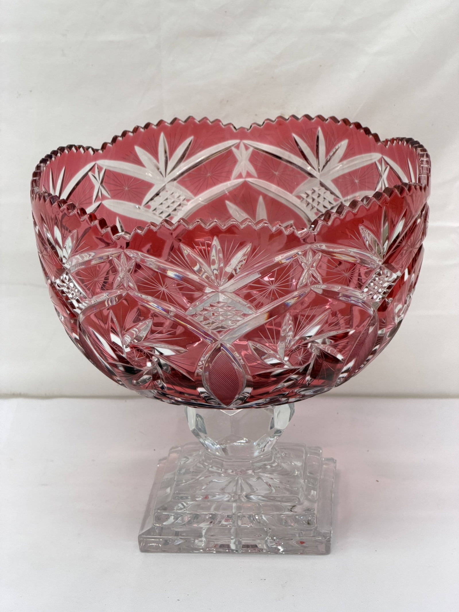Cut to Clear Cranberry Pedestal Center Bowl 9.5" x 9" (1 of 3)