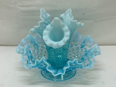 1950s Hobnail Fenton 3 Horn Opalescent Blue Epergne - Bowl 8.5", Horns 6.375", Overall 7.5"T (1 of 4)