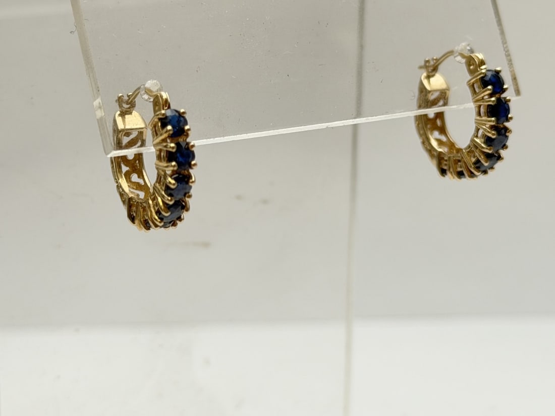 14K Gold Sapphire Hoop Earrings, TW 2.37g, Approx. .5" - Hallmarked (1 of 3)
