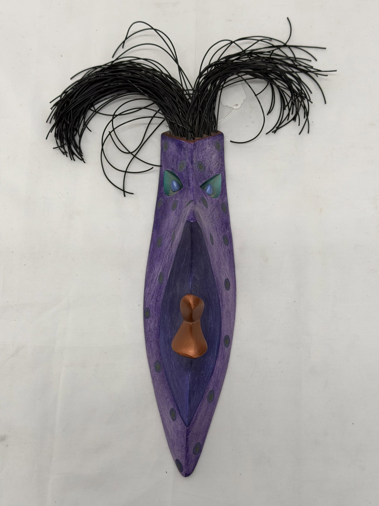 A.Jeffrey Zigulis Abstract Wall Sculpture "Dream Mask" 14"L x 3.75" - Overall 19"L: Signed on Back, Multi Colored Fired Clay Sculpture Wall Art - Original Mixed Media Part of Dream Mask Series - 19"L Overall with Hair