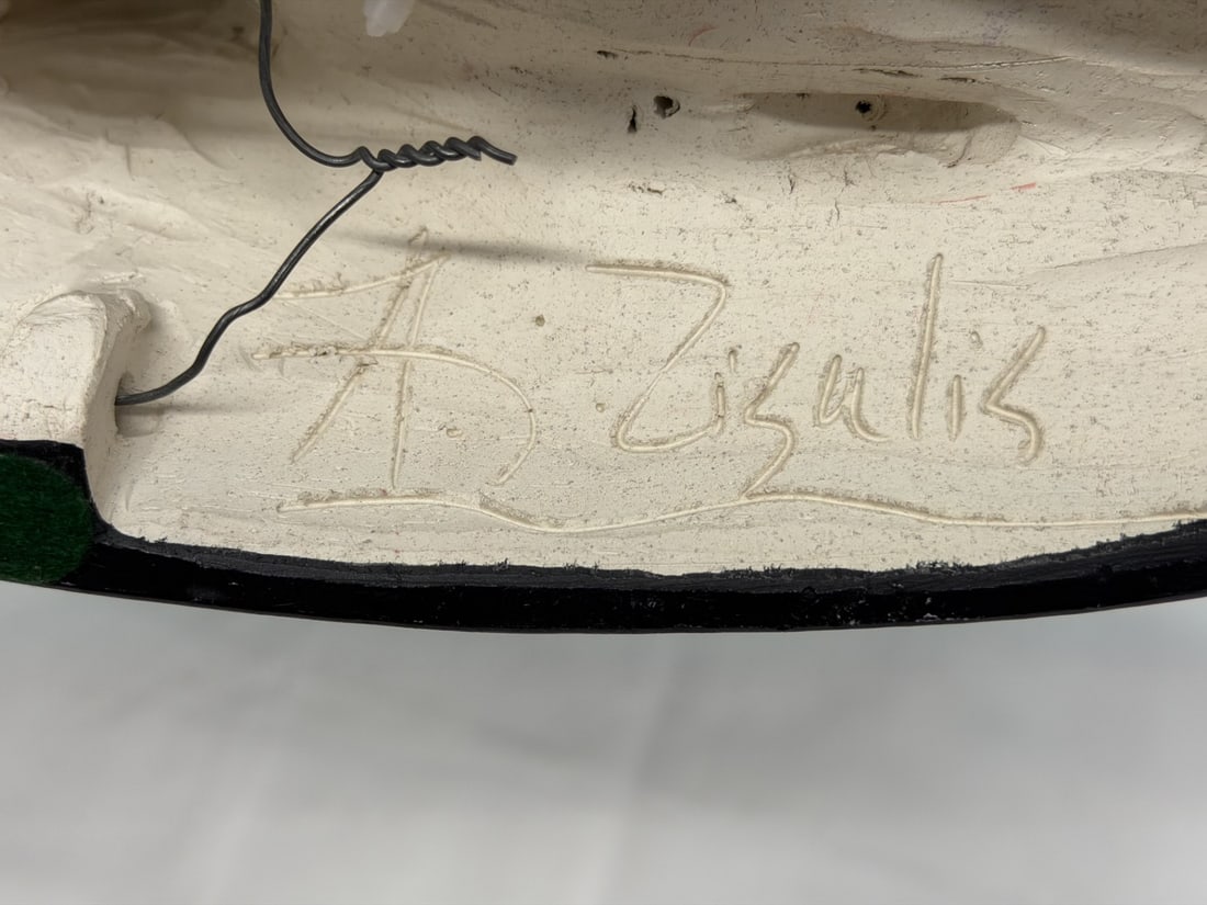 A.Jeffrey Zigulis Abstract Wall Sculpture "Dream Mask" 14"L x 3.75" - Overall 19"L: Signed on Back, Multi Colored Fired Clay Sculpture Wall Art - Original Mixed Media Part of Dream Mask Series - 19"L Overall with Hair