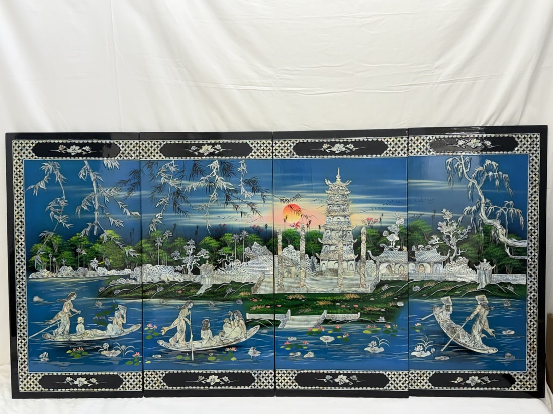 (4)Vintage Lacquered Asian Panels with Mother of Pearl - Each 15.5" x 31.25" , Box: (4)Vintage Lacquered Asian Panels with Mother of Pearl - Each 15.5" x 31.25" , Original Shipping Box