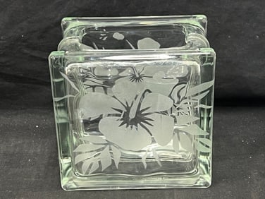 Frank Oda Hibiscus Etched Glass Block Vase 5.75'' x 3.75'' x 6'' - Hawaiian Artist (1 of 3)
