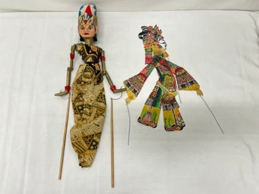 (2)Vtg Puppets- Shadow Puppet & Wayang Golek - Shadow Puppet 18''L , Golek 21''L (1 of 7)