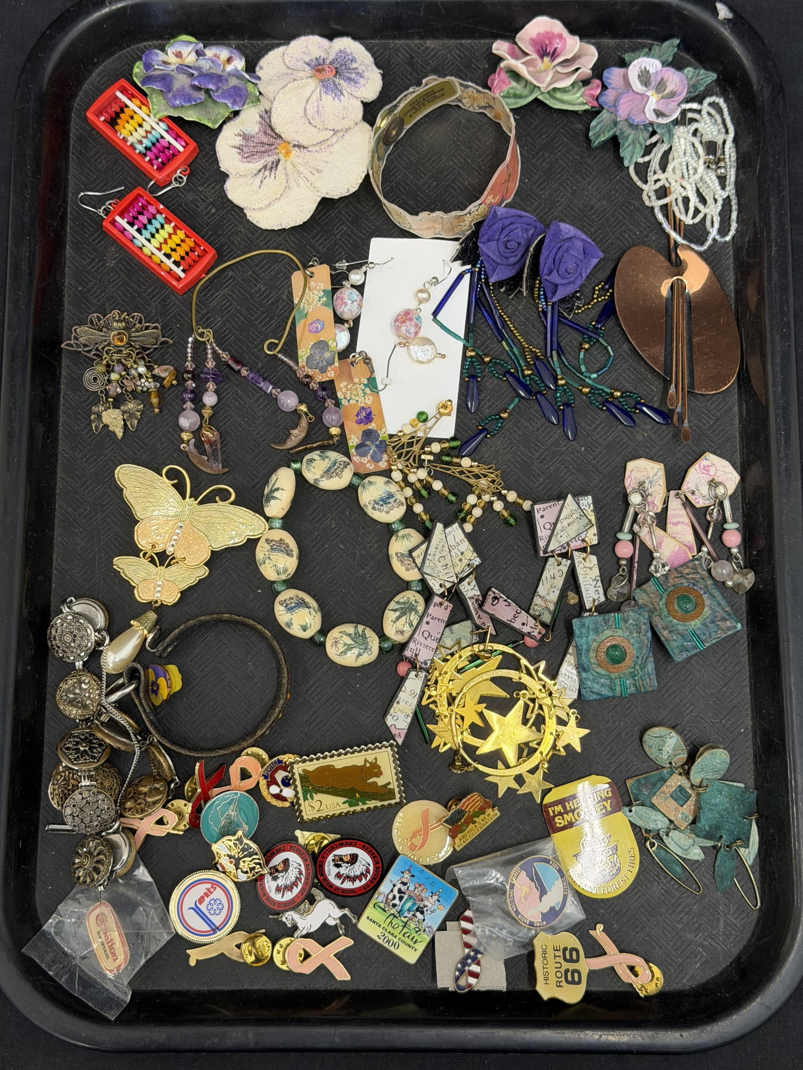 Asst Pins, Earrings, Bracelets, Earrings: Smokey Bear Clip Pin, Flower Ring, Earrings + More