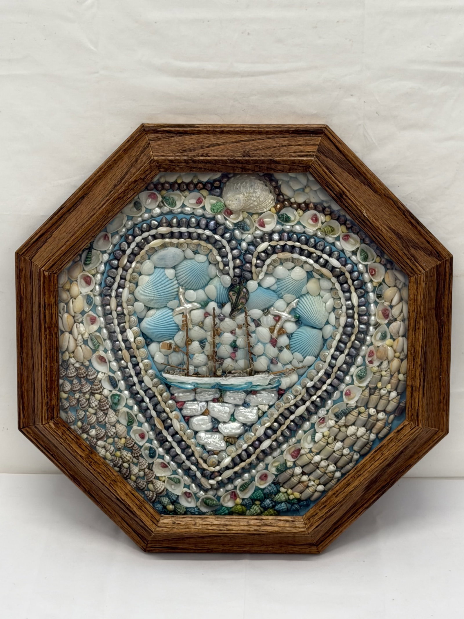 Sailors Valentine with Ship , Pearls, Shells, Abalone - 15" x 15" x 2" (1 of 2)