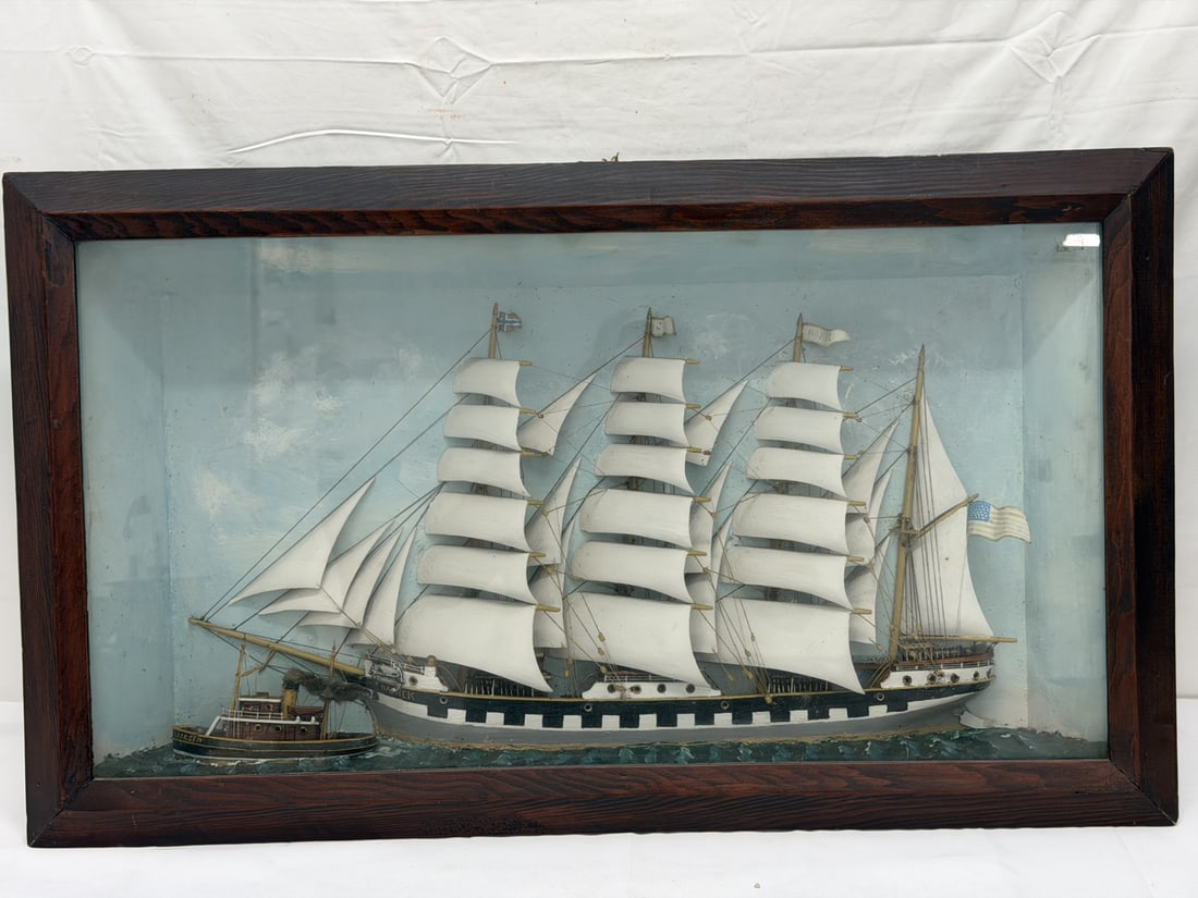 Antique Maritime Sailors Work Ship Diorama in Antique Shadow Box - 19" x 5" x 36" (1 of 5)
