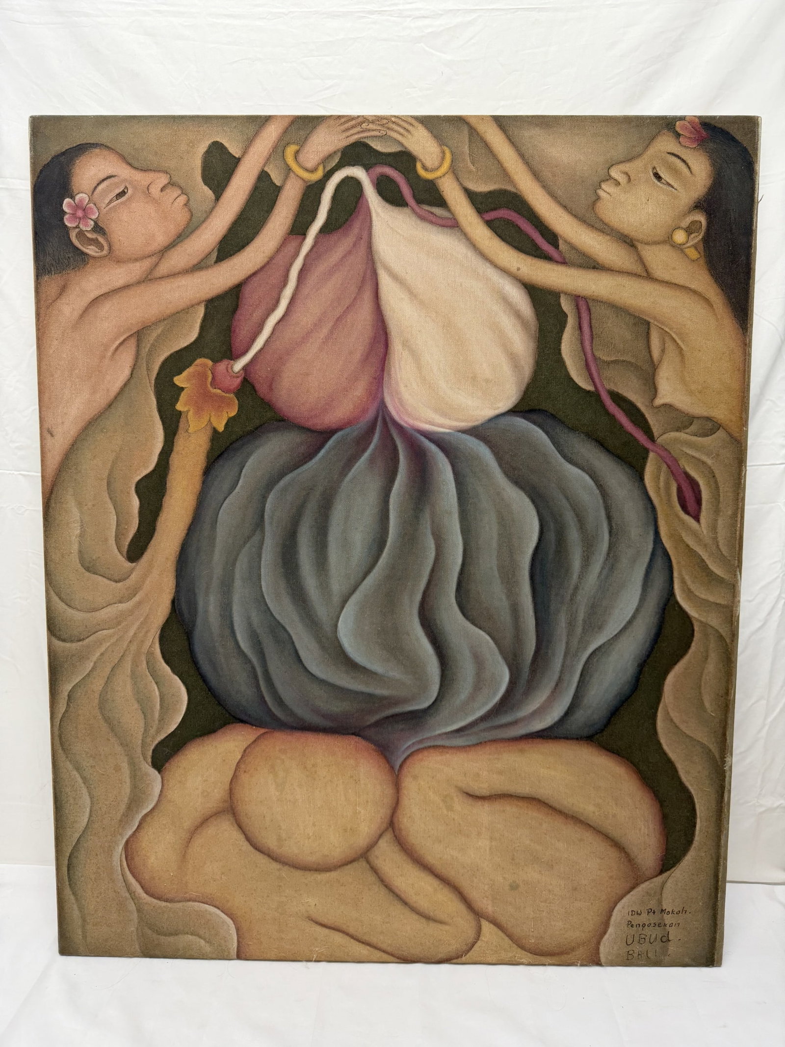 Dewa Puta Mokoh(1934-2010) Signed Bali Art on Fabric Canvas 32" x 39": Balinese Artist, Signed Bottom Right