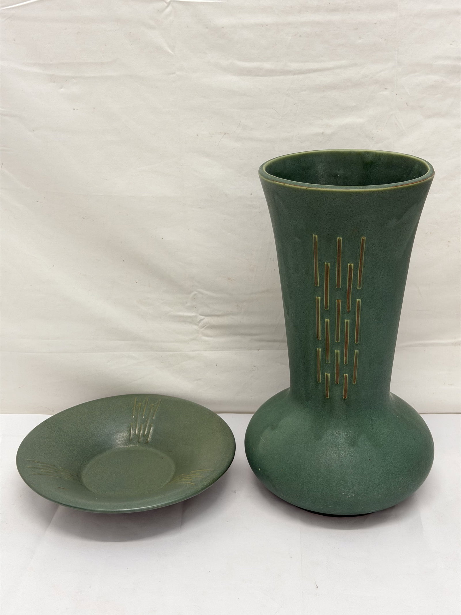 MCM 2pc McCoy / USA Vesta Line Pottery: Vase 13.25"T , Dish/ Bowl 8.75" x 2"