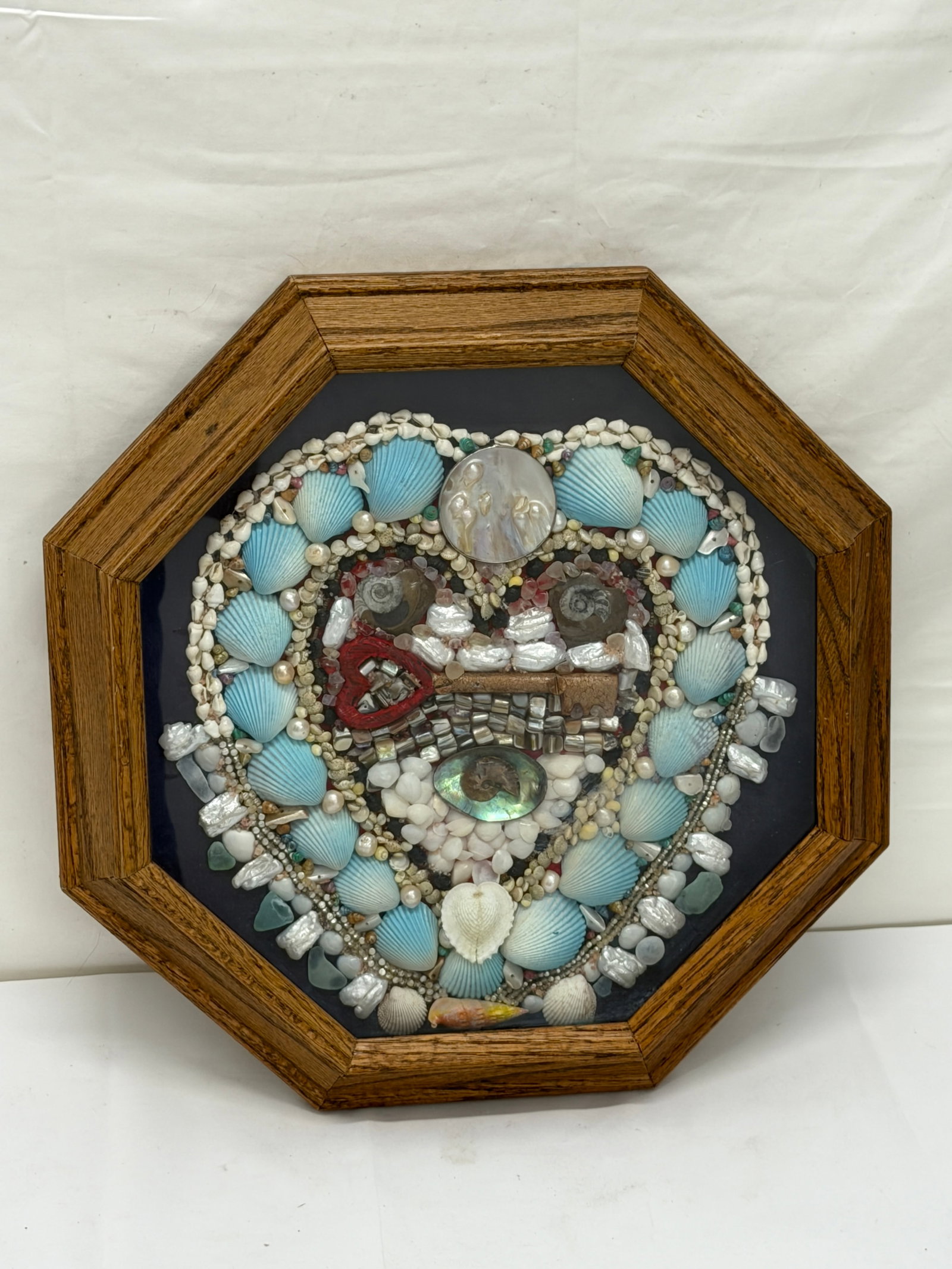 Sailors Valentine with Key , Framed 15.5": Sailors Valentine with Pearls, Abalone, Shells, Fossil (Missing Back of Frame)