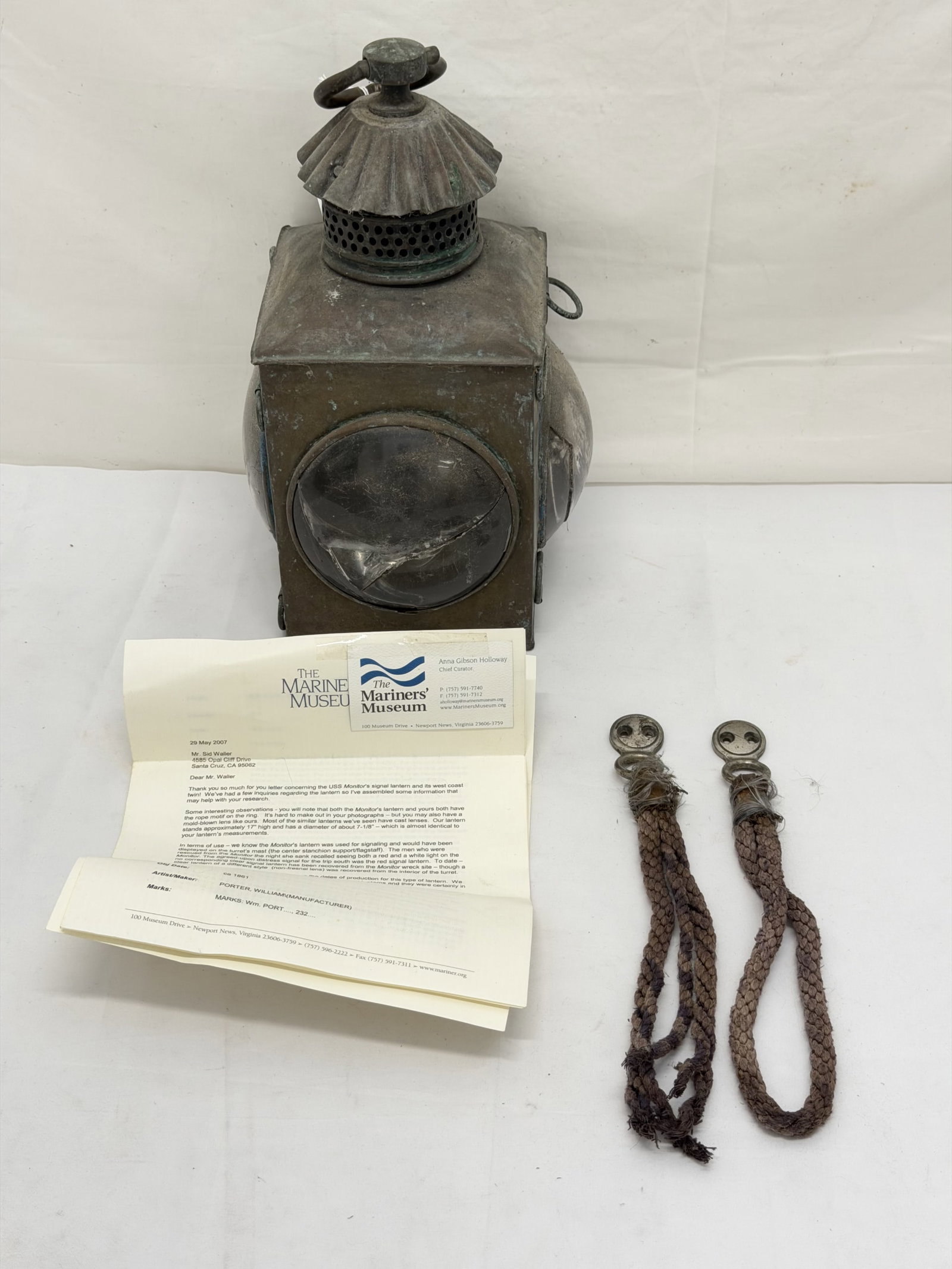 Antique Bullseye Maritime Signal Lantern with Rope & Papers 15" x 6": Glass Lenses are Damaged (See Photos)