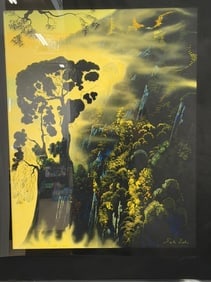 Eyvind Earle(1916-2000) Signed Limited Ed. Serigraph "Sunset Silhouette" with COA: Signed #d 89 /200 Limited Ed. Eyvind Earle Serigraph with Signed COA - Signed #d in Ink - Professionally Framed 35" x 41" , Sight 26" x 32.5"