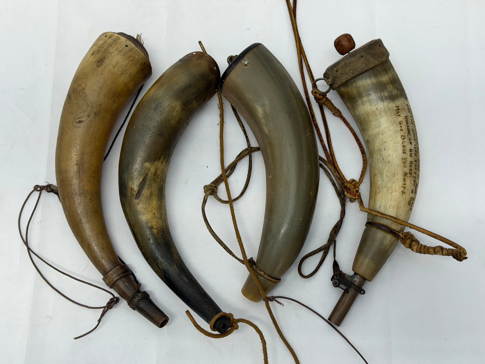 (4)Antique Powder Horn Flasks - Some with Etching (1 of 11)