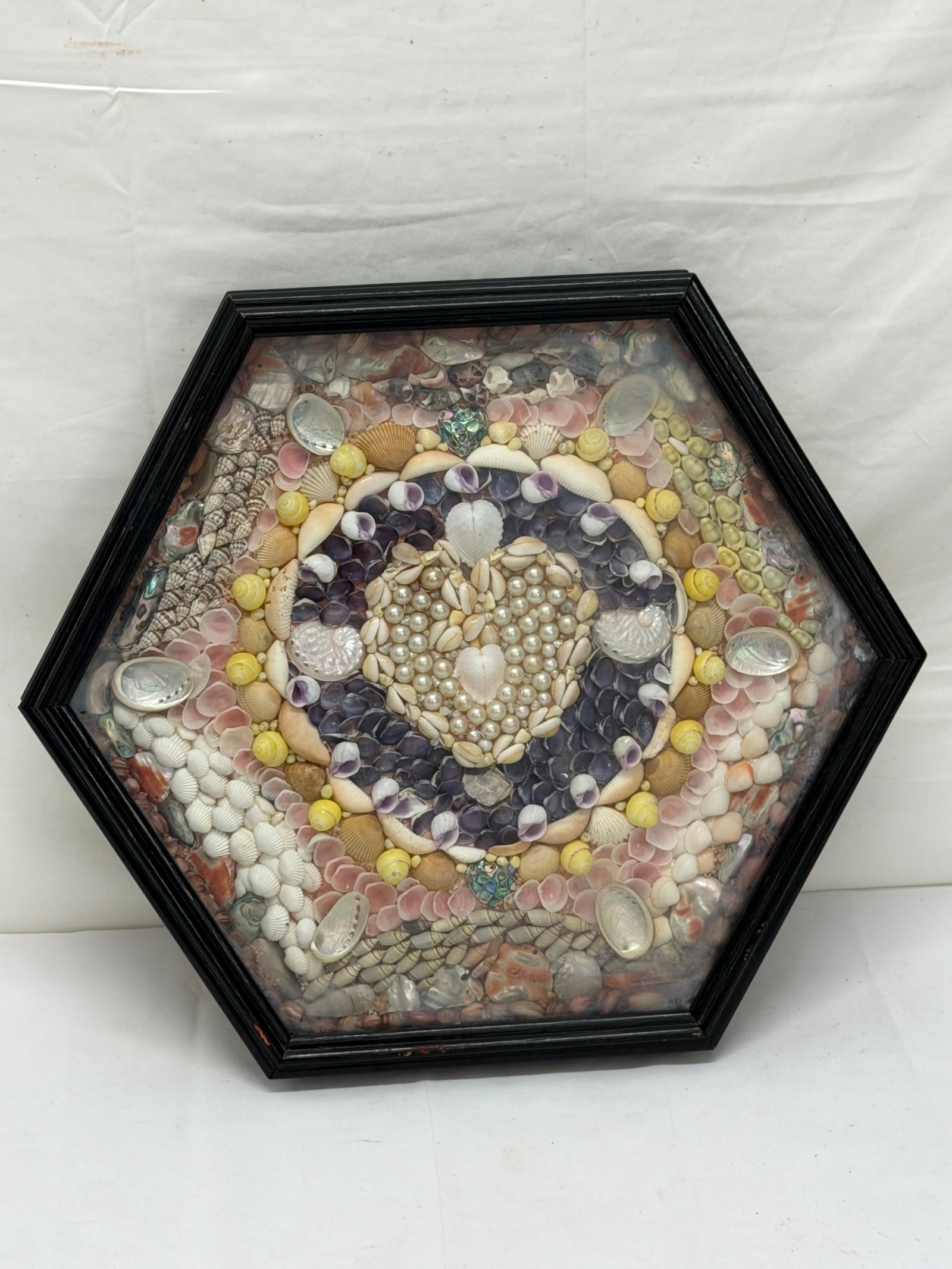 Hand Made Sailors Valentine with Pearls , Seashells 15" x 17.5" (1 of 5)