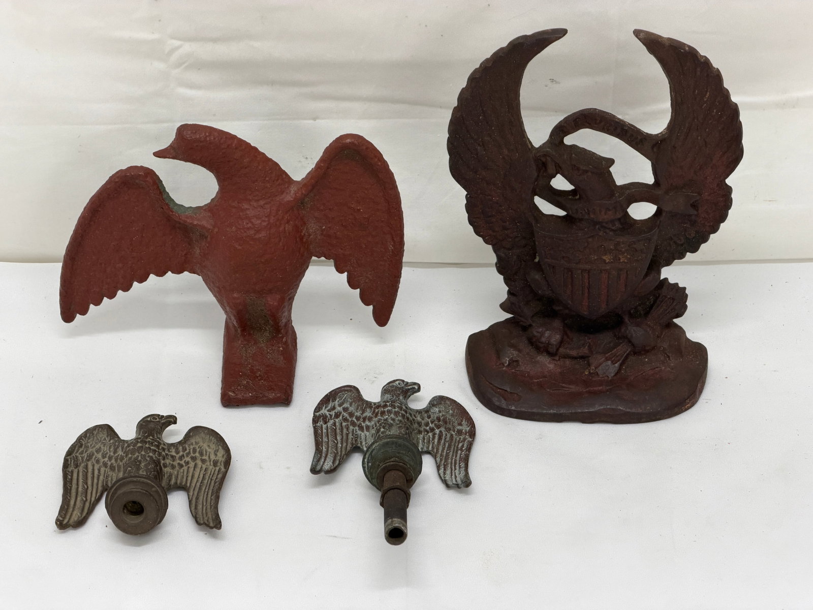 Eagle Flag Toppers & Iron Eagles: (2)Brass Flagpole Toppers 2.75" x 3" , Red Painted Iron 6.5" x 5.25", Iron 5" x 7.5"