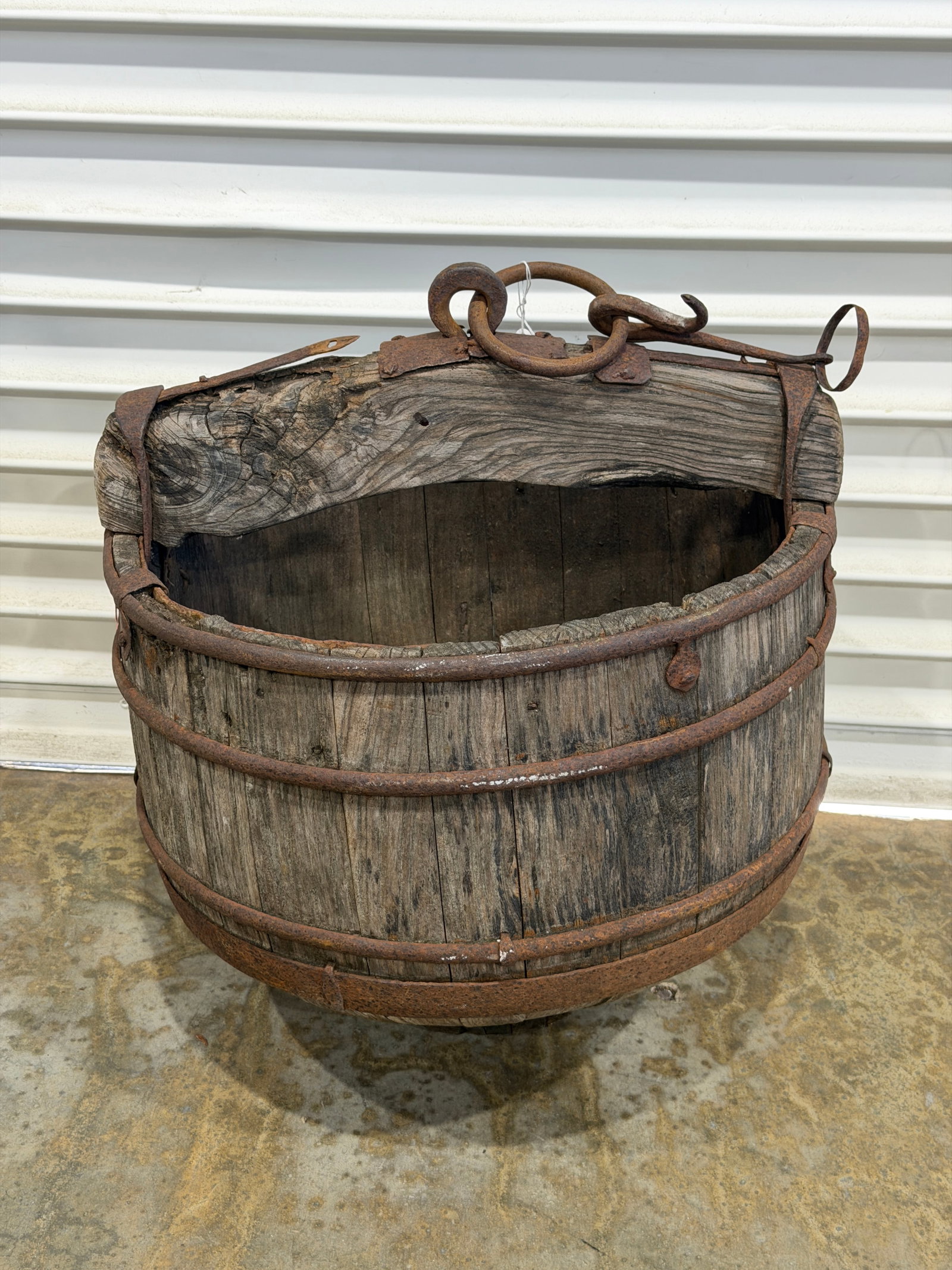 Antique Chinese Wood & Iron Water Well / Harvest Bucket 18.5" x 22": Bucket with Hand Forged Iron Bands & Top Handle Ring