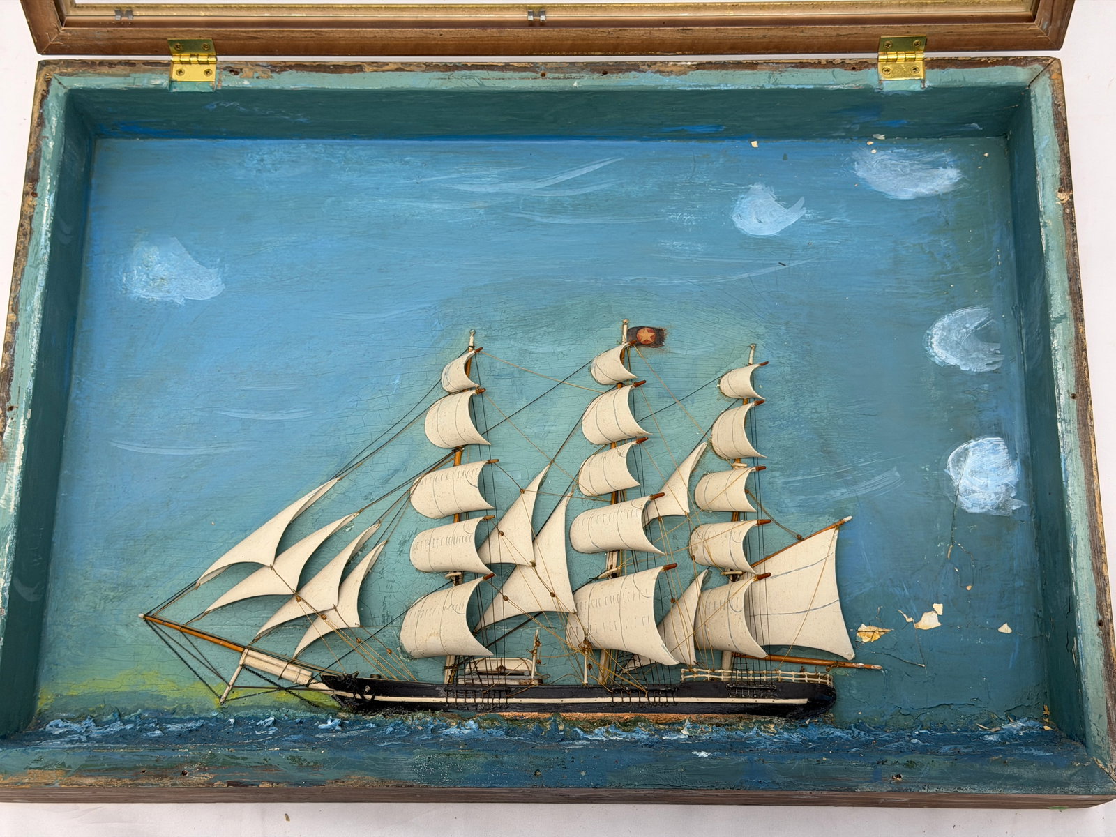 Antique Wooden Schooner Ship Diorama with Hand Painted Background 16" x 3.5" x 23" (1 of 7)