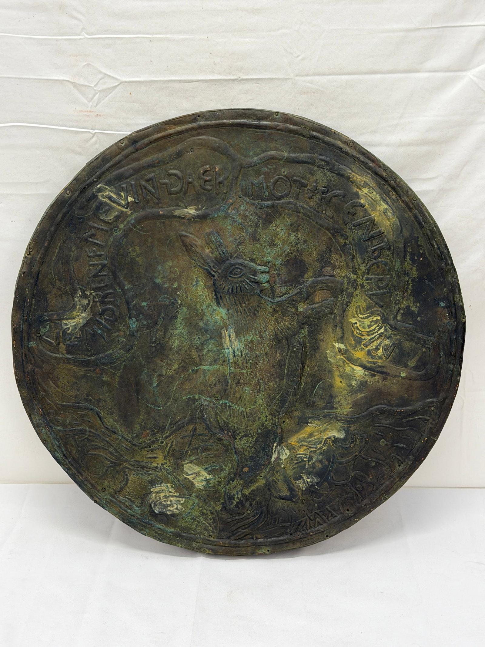 Antique French Relief Advertising Plaque Metal on Wood with Rabbit Design 20" x 15" (1 of 7)