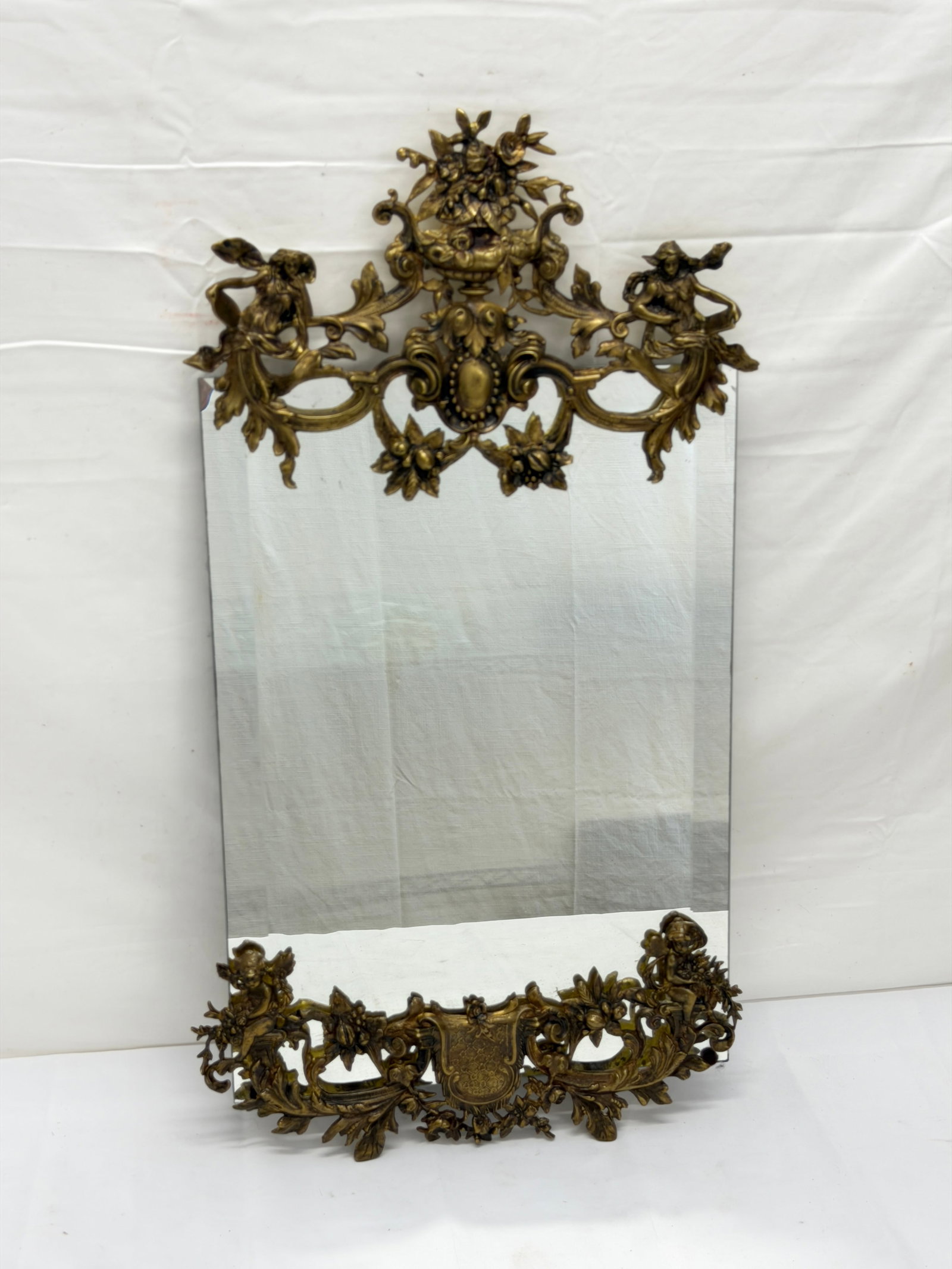 French Art Nouveau Era Beveled Mirror with Metal Cupid & Figures 14" x 24" Overall (1 of 4)
