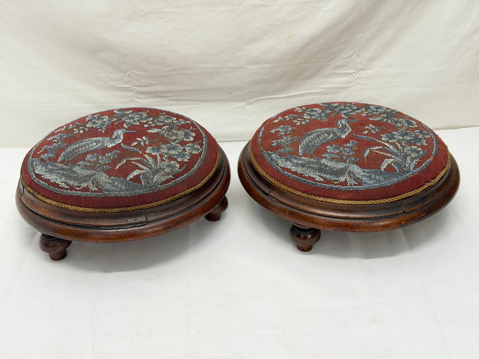 Pr Victorian Wood Based Beaded Foot Stools in Tunbridge Style 5" x 14": Decorated with Beaded Tops (See Photos for Condition)