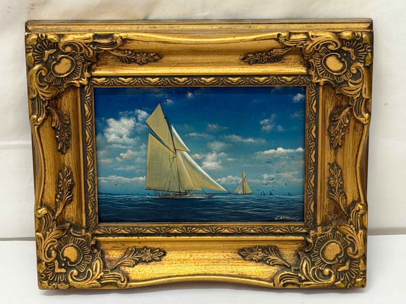 Yacht "Savotte" Original Signed Oil on Cardstock in Ornate Frame: Sight 5" x 7" , Framed 8.5" x 10.5"