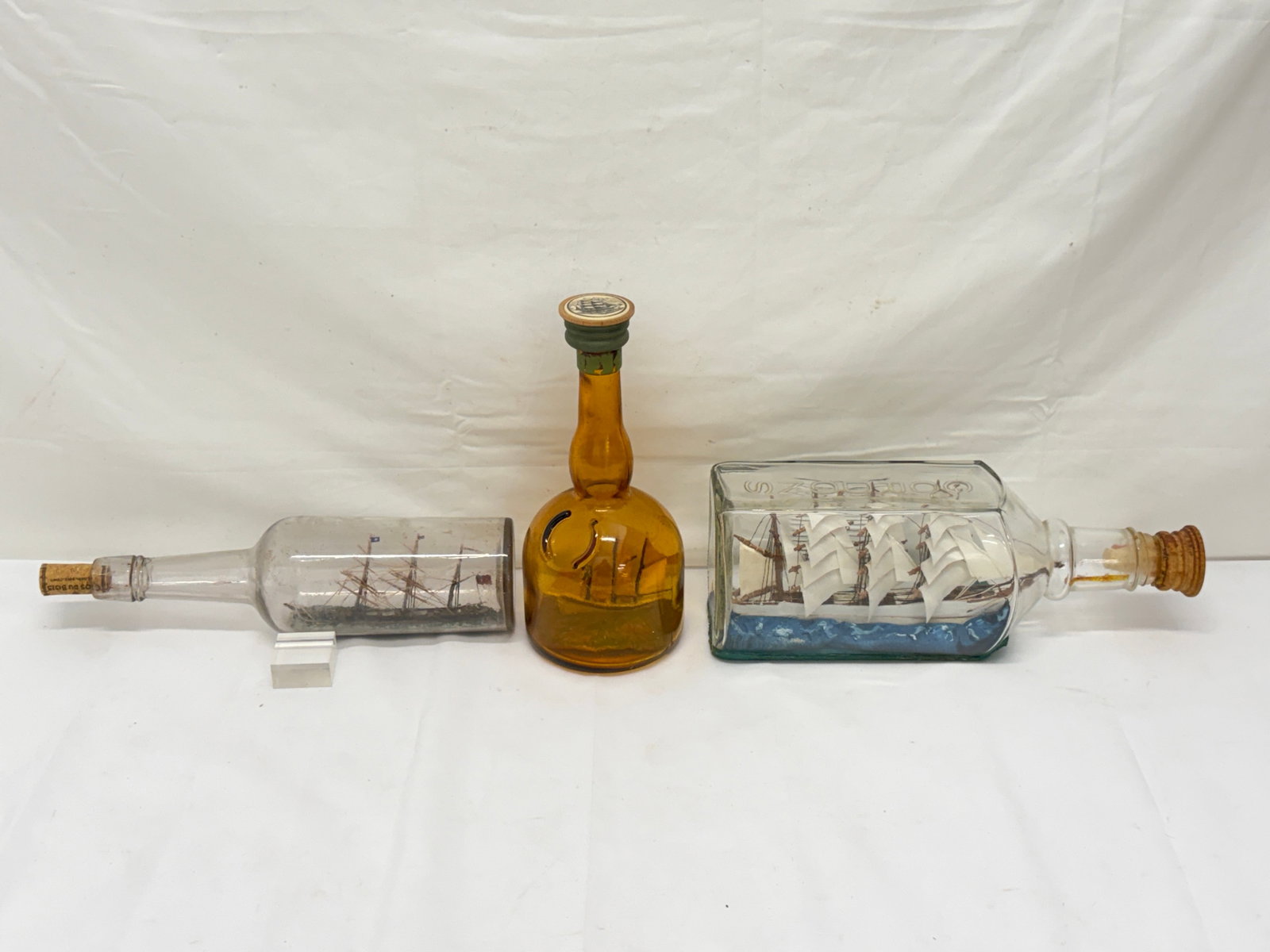 (3)Vintage Ships in Bottles Nautical Folk Art - (2)Have Scrimshaw Tops (1 of 10)