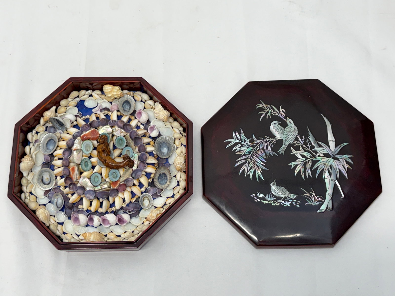 Sailors Valentine Nautical with Seashells & Carved Mermaid Figure in Lacquered Box 9.75" (1 of 4)
