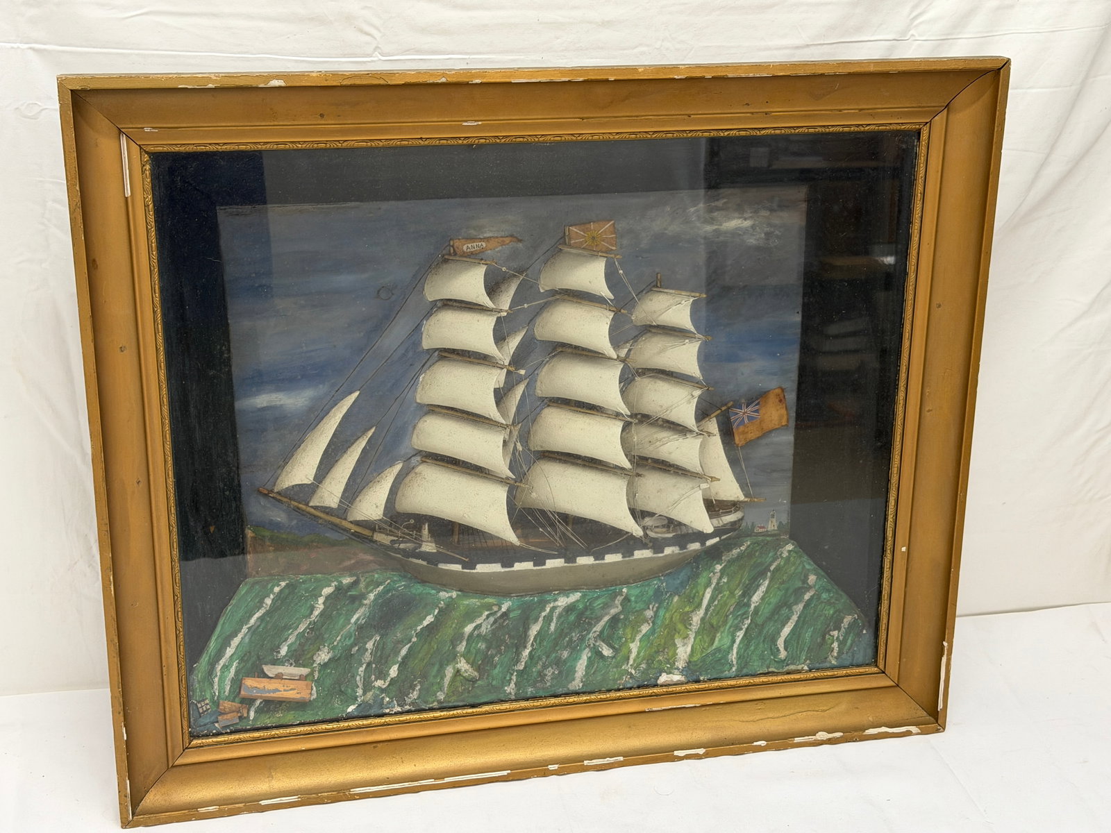 Antique British Ship "Anna" Diorama in Shadow Box, Handpainted & Relief - 23" x 6" x 27.5" (1 of 9)