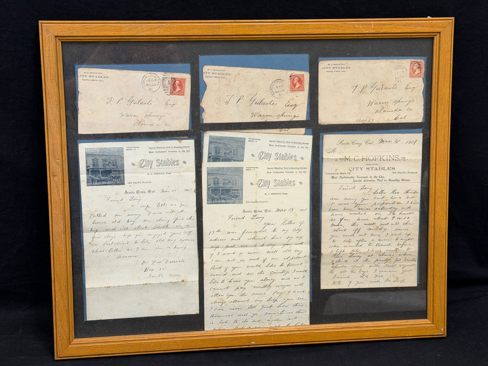 Santa Cruz CA 1901 "City Stables" Historical Letters: 165 Pacific Ave. Boarding House "City Stables" - Framed 17.75" x 21.5"