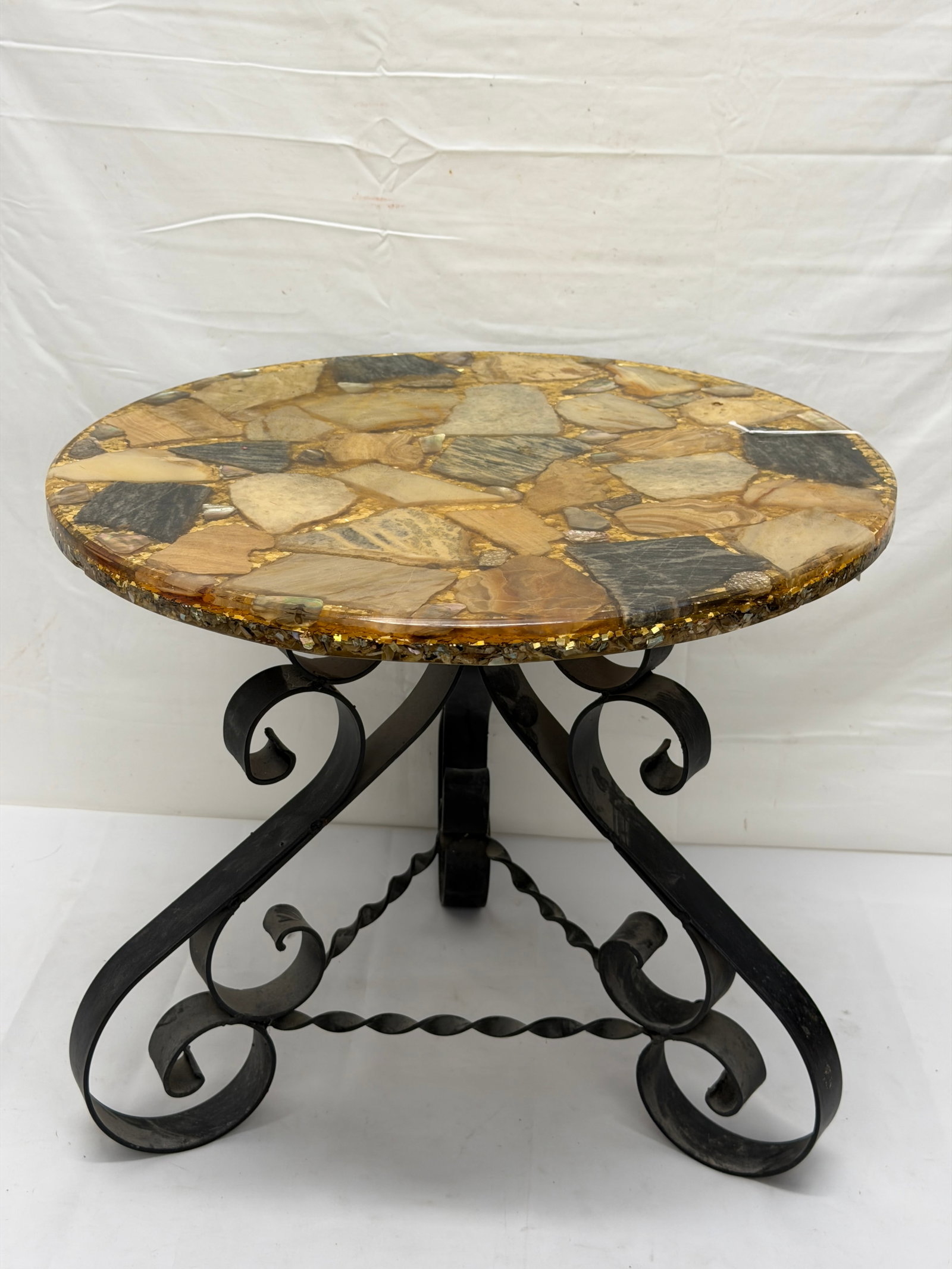 MCM Artura Pani Mosaic Abalone, Onyx & Stone in Resin with Gold Flake Top on Iron Base 18" x 16": MCM Artura Pani Mosaic Abalone, Onyx & Stone in Resin with Gold Flake Top on Iron Base 18" x 16"