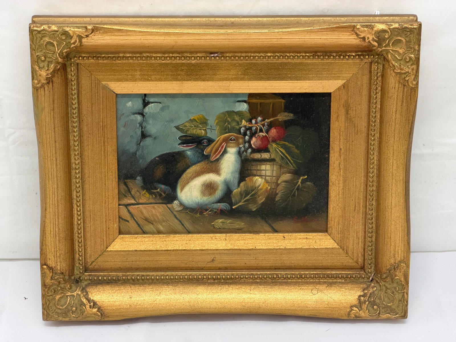 Original Oil by E.Bain of 'Rabbits with Fruit' in Gilt Frame (1 of 6)