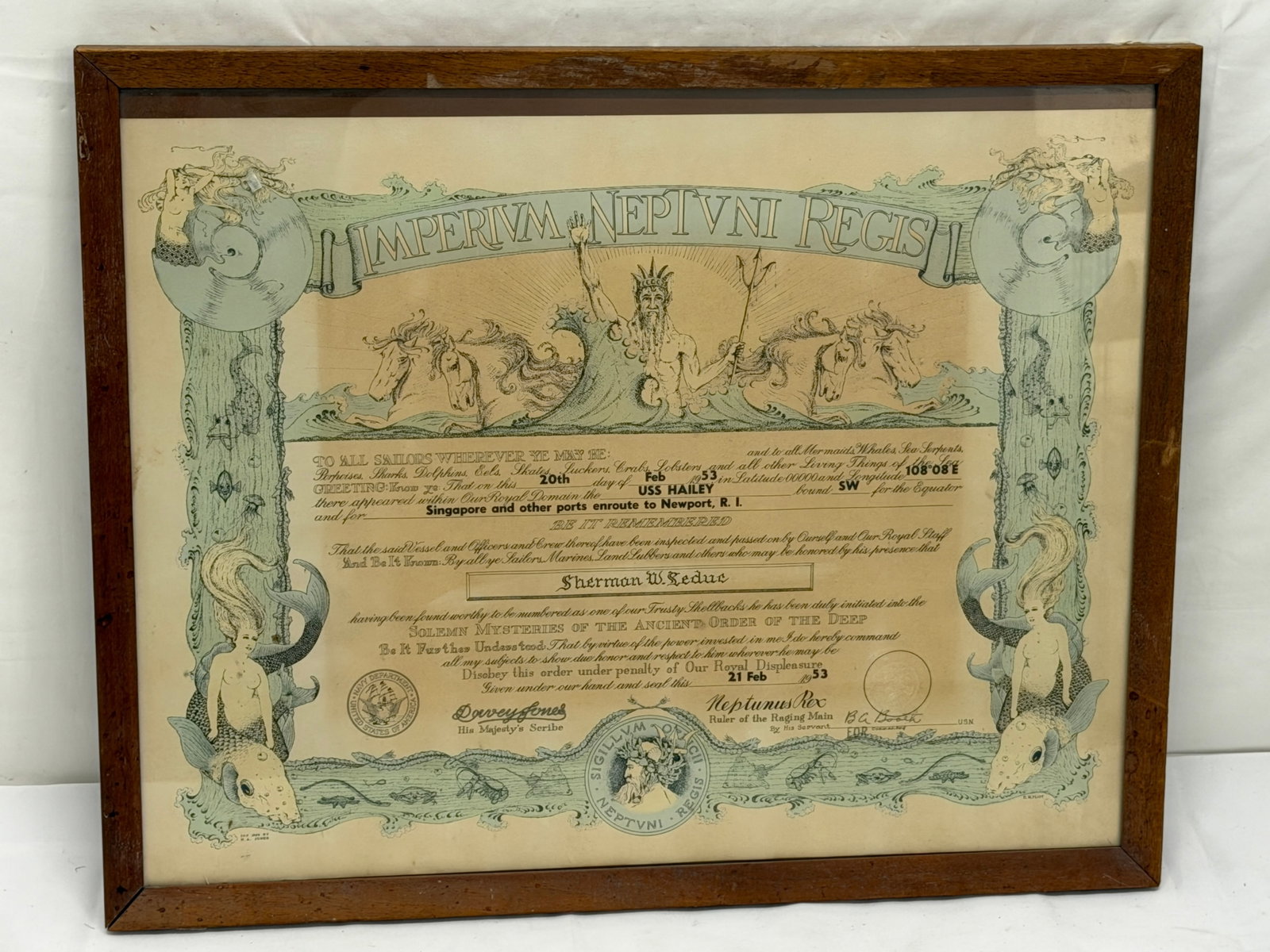 1953 Sailors Shellback Certificate with Mermaid & Neptune - Framed 17" x 21": 1953 Sailors Shellback Certificate with Mermaid & Neptune - Framed 17" x 21"