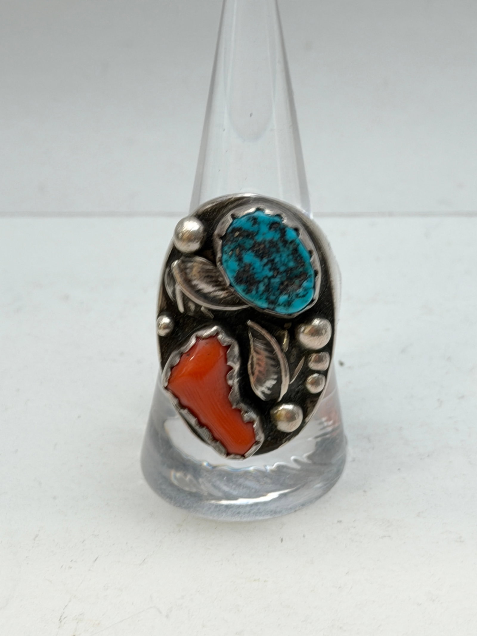 Vintage Navajo Turquoise Coral Sterling Ring, Sz 10, TW 20.44g: Vintage Navajo Turquoise Coral Sterling Ring, Sz 10, TW 20.44g