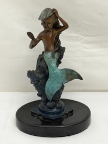 Bronze Mermaid Figure Holding Shell on Marble Base 8.75"T (1 of 7)