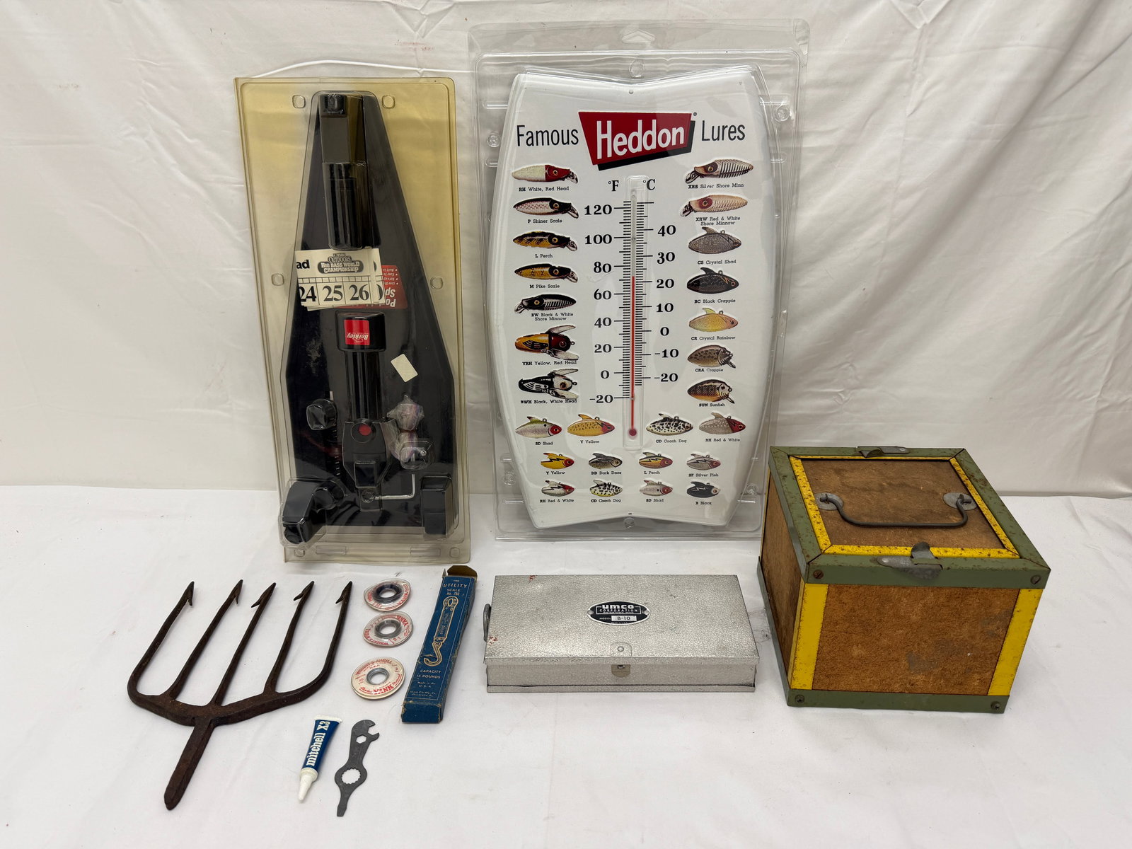 Asst Fishing Items - Hand Forged 5 Prong Spear, Thermometer, Bait Box + More (1 of 4)