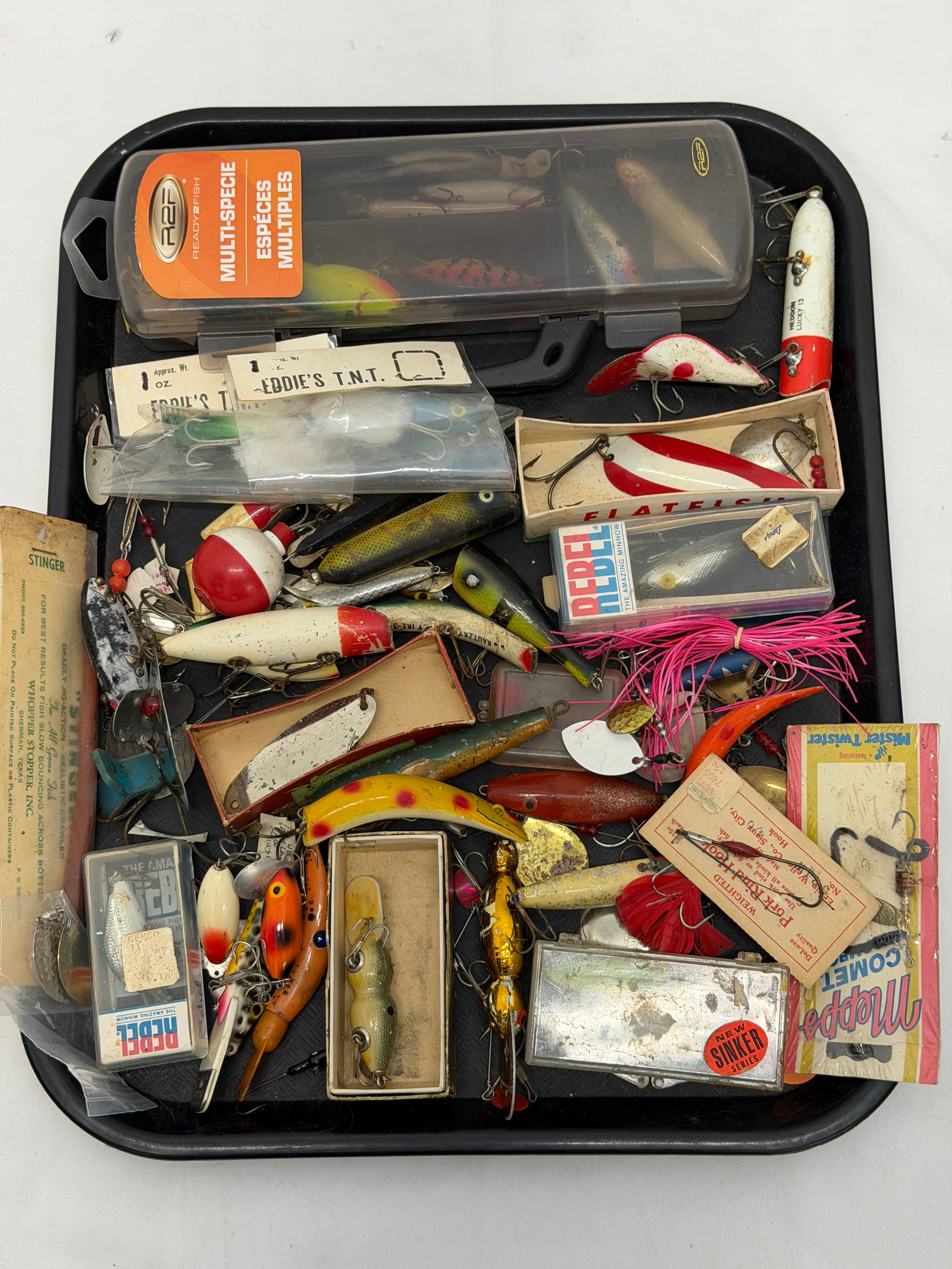 Lot Vintage Fishing Lures: Sinkers, Pork Rind Hook,Rebel, Glass Eyes, Wooden + More