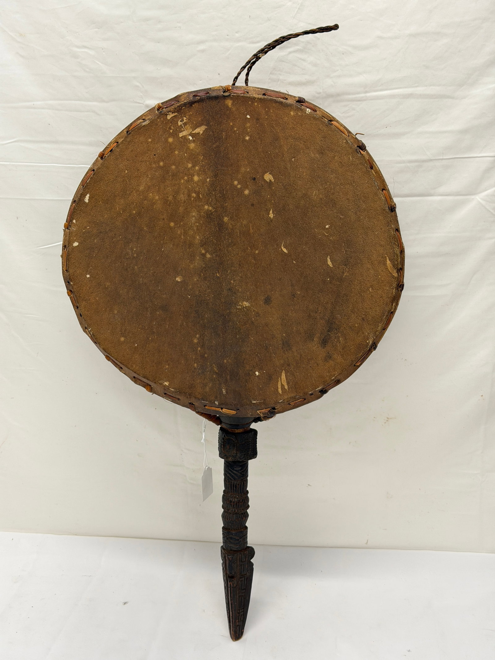 Tibetan Shamon Dhyangro Ritual Drum with Phurbu Handle: Carved Phurbu Handle 12.5"L , Drum 15.5" x 5"