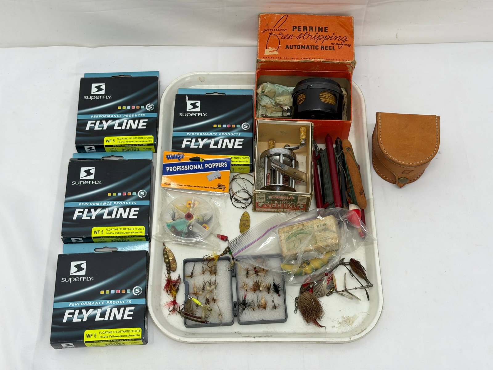 Asst Fishing Items - Fly Fishing, Leather Case, Reel + More: Leather Fly Fishing Reel Case, Pflueger Reel, Perrine No.80 Fly Fishing Reel, Line, Hooks