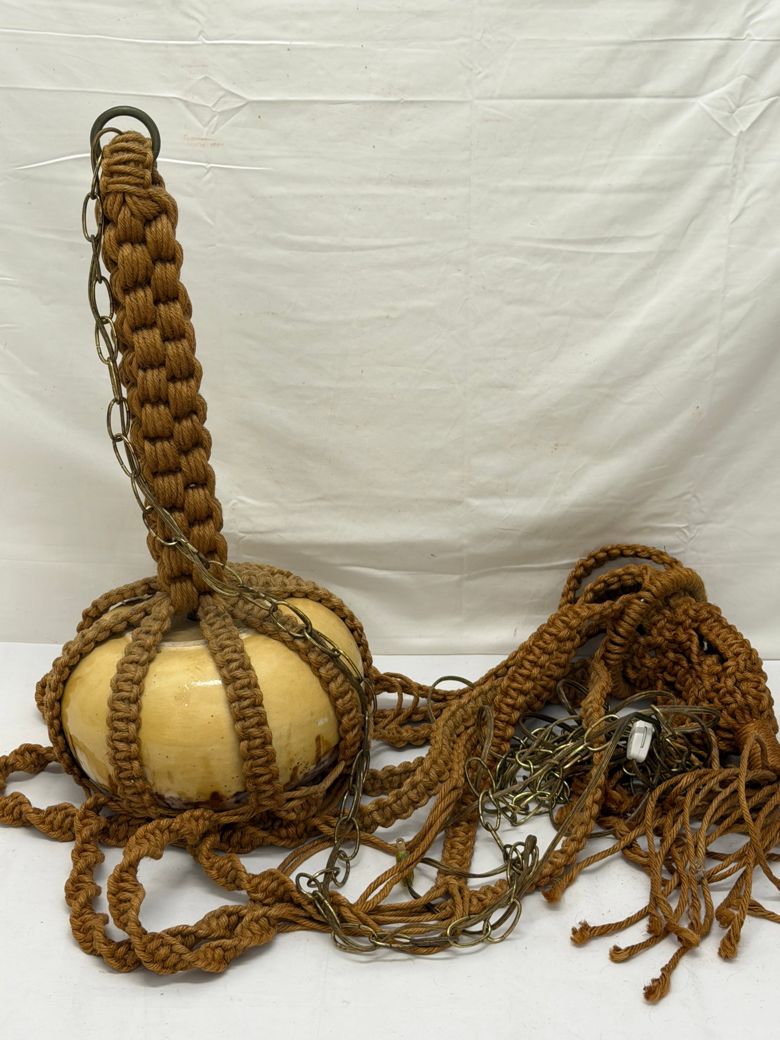 1960-1970 Macrame Plant Holder with Glow Light - Pottery Shade Light, Macrame 6'L (1 of 4)