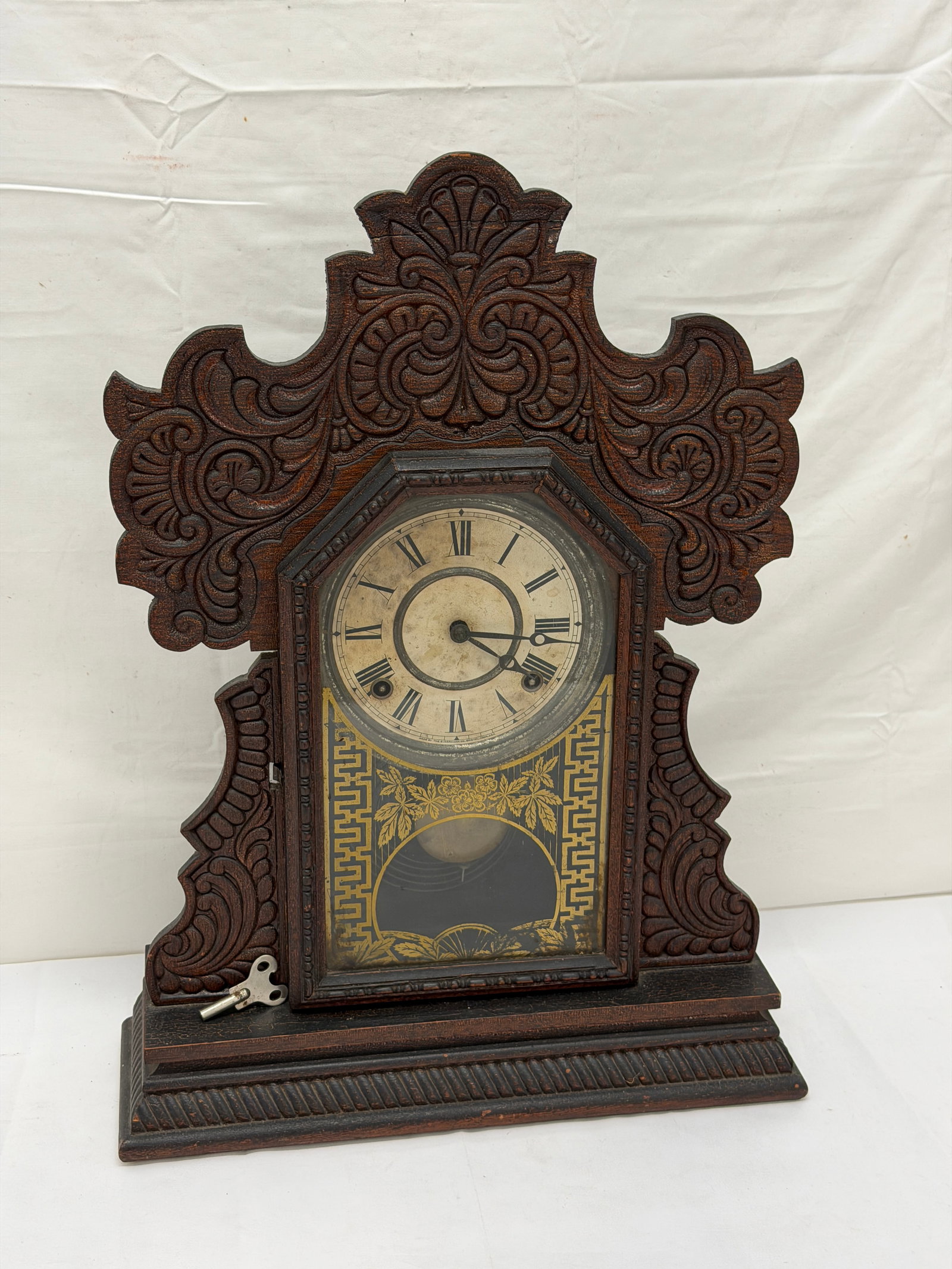E.Ingraham Antique Gingerbread Clock 14.5" x 5" x 20" , Has Key (Needs Work) (1 of 7)