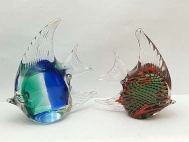 Pr. Vintage Murano Art Glass Fish - Blue / Green 4.5" , Orange / Green 4.25" (1 of 3)