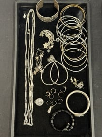 Asst Jewelry Lot - Sterling, Denmark Silver Bracelet, Monet, More: Sterling Earring Cuffs, Monet Necklace, Earrings, Silver Bracelets + More