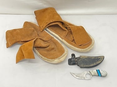Vtg Native American Kaibab Desert Sandal Moccasins, Knife: Vtg Native American Kaibab Desert Sandal Moccasins, Knife - Frost Cutlery Cat Skinner M.O.P. Knife with Leather Sheath, Kaibob Desert Sandal 11'' Heel to Toe