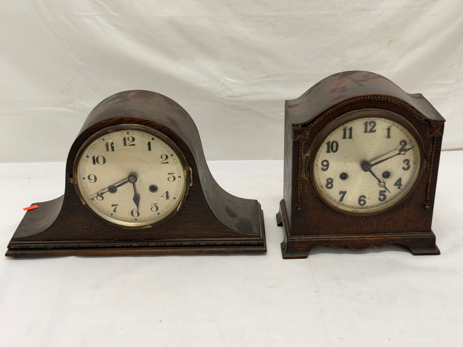 (2)Deco Era Wooden Mantle Clocks: Enfield?? Art Deco 8.5" x 5" x 9.5" + 14.5" x 4.5" x 9"