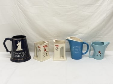 Vintage Advertising Pitchers & Tankards: Large Whitebread Tankard 4.25" x 7.5" , Johnnie Walker (1 has small chip on bottom), Gilbeys Dry Gin + More