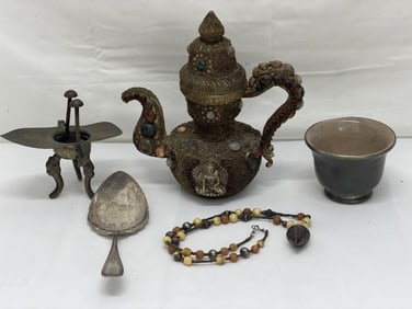 Antique Tibetan Ceremonial Ewer/ Teapot Burner or Candle Holder, More (1 of 18)