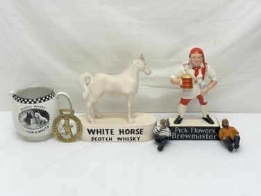 Asst Whiskey / Beer / Fisherman Items: (2)Shelf Sitting Fisherman Figures, Pick Flower Brew Master Pirate Figure 9.5"T , White Horse Scotch Whiskey Figure, Black & White Pitcher