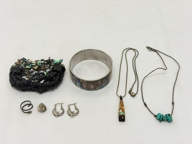 Vintage Abalone , Sterling Silver Turquoise Jewelry: (1)Sterling Silver Turquoise Necklace, (1)Sterling Silver Inlaid Abalone Necklace, Sterling Silver Dolphin Earrings, Abalone Bracelets